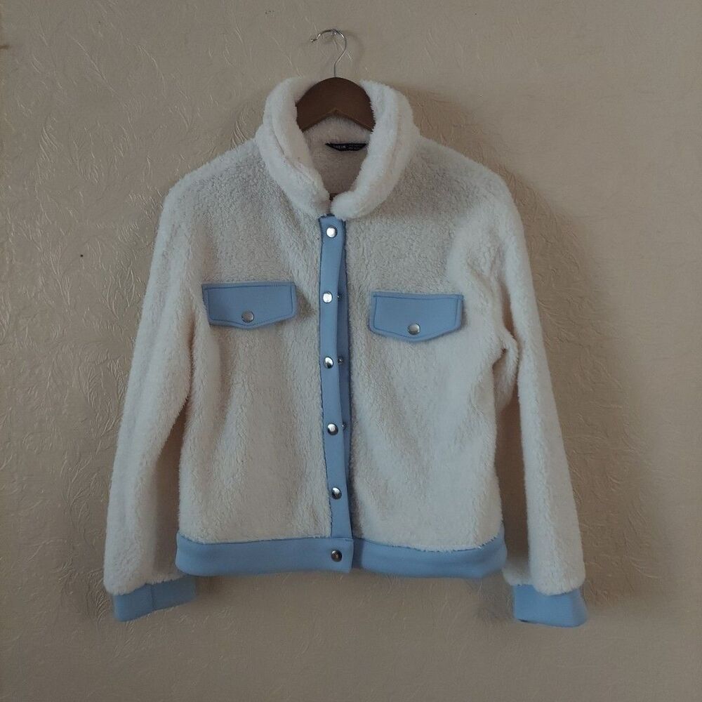 Shein White Sherpa Snap Up Jacket With Blue Lining Sz Small